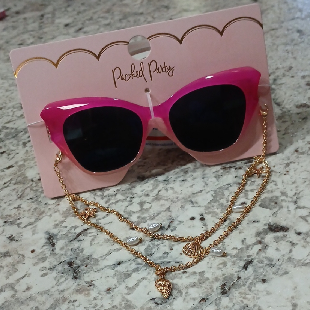 Packed Party Pink Sunglasses with Seashell Gold Chain..New